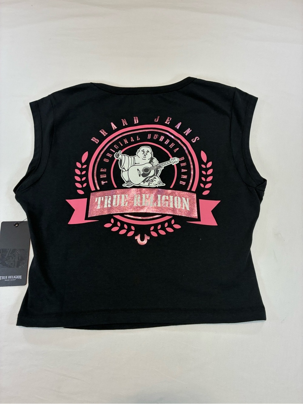True Religion Black Crop Tee with Pink Logo Back Graphic